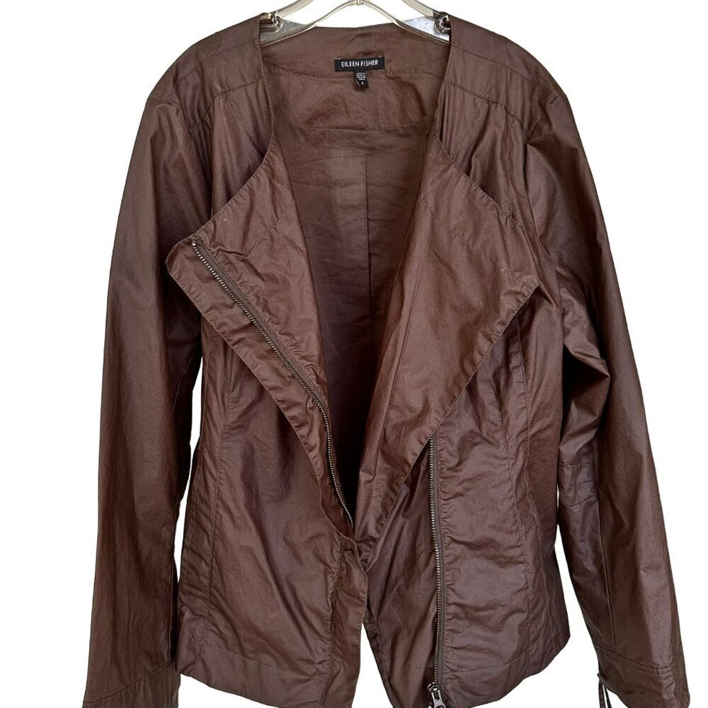 Eileen Fisher Womens Large Lightweight Asymmetrical Zip Moto Jacket Brown Lined - Picture 2 of 11